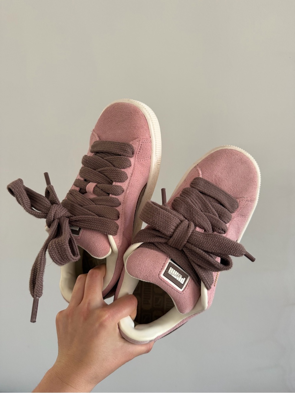 Puma Pink Suede Sneakers with Brown Laces